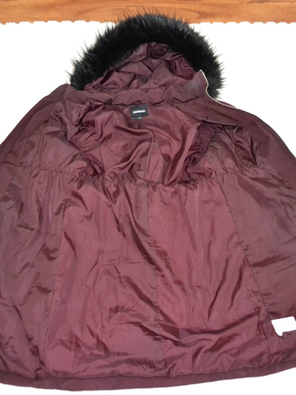 Express Maroon Belted Long Puffer Coat w Detachable Faux Fur Hood sz Small - Picture 8 of 13